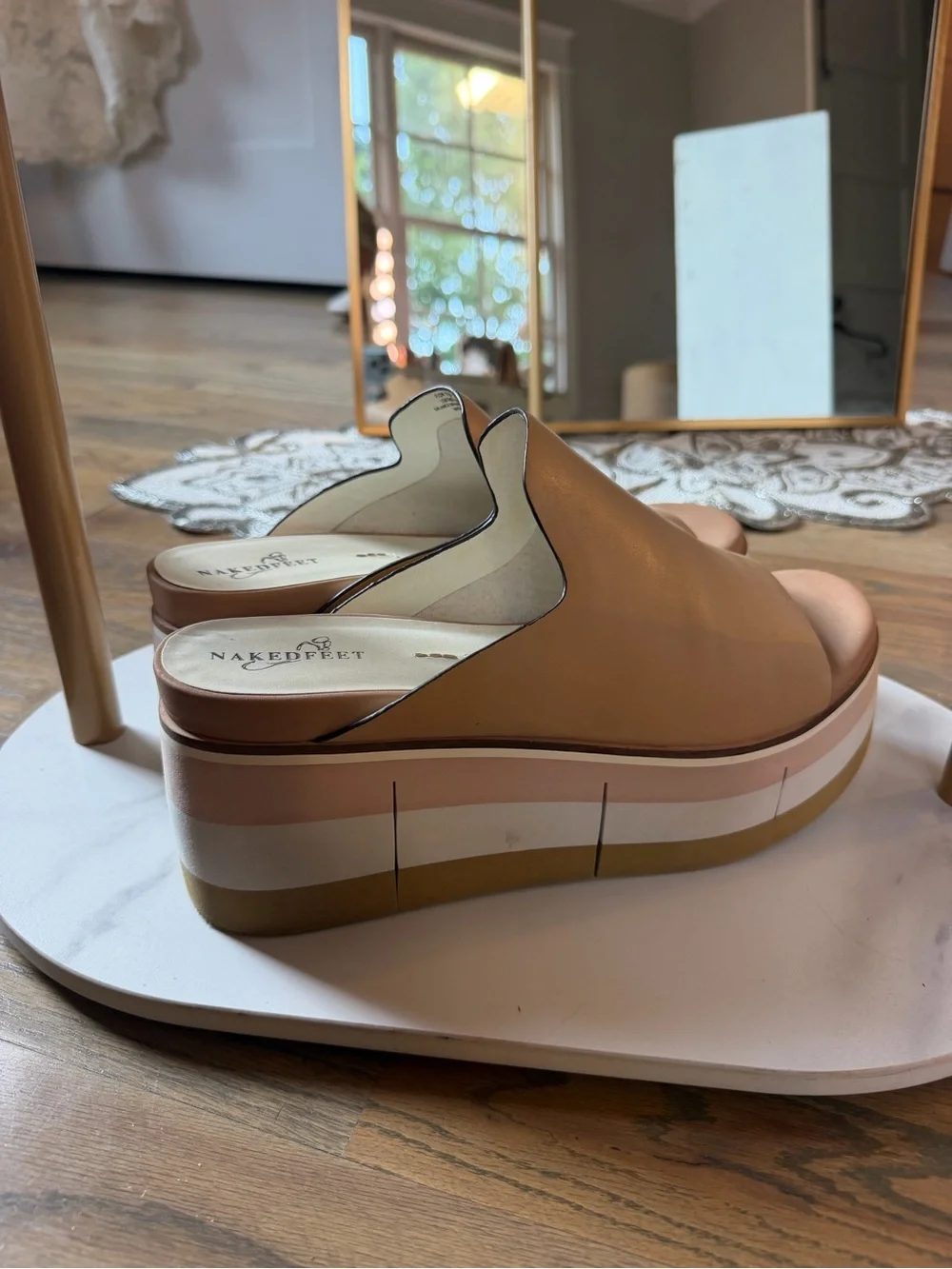 Naked Feet Tan Slide Platform with Pink and White Stripe Sole